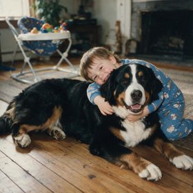 A boy in pyjamas hugging the family's Bernese mountain dog on the living-room floor