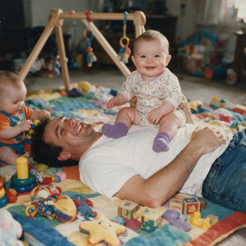 A dad lying on the play mat with a laughing baby balanced on his chest